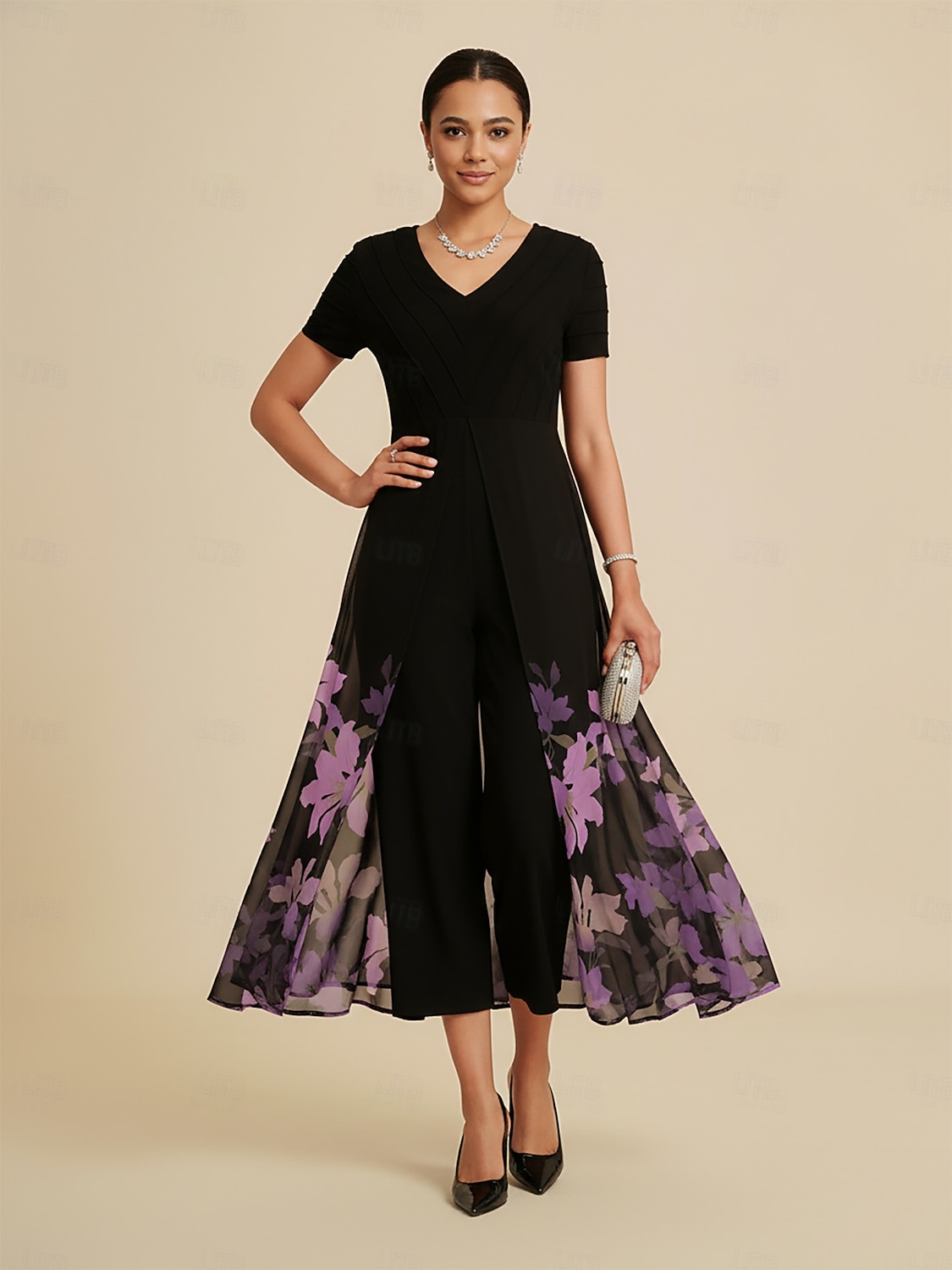 Женский комбинезон из черного тенселя, шифона, вставки из искусственного струящегося материала, с цветочным принтом и V-образным вырезом, для вечеринки, отпуска, весны и лета 2025 - $114.99 –P2