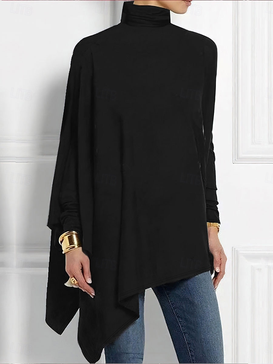 Женская футболка однотонная элегантная модная повседневная с длинным рукавом горловина-лодочка длинные топы повседневные ассиметричная черный красный синий фиолетовый зеленый осень зима 2026 - $25.99 –P6