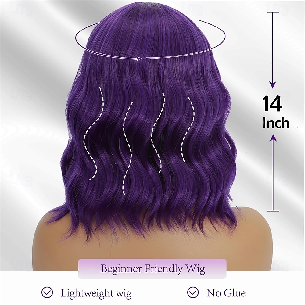 Dark Purple Wigs with Bangs for Women 14 Inch Short Wavy Bob Wigs Synthetic Bob Wig Curly Wig Heat Resistant Colorful Wavy Wig Cosplay Wigs For Daily Party 2026 - $21.99 –P5