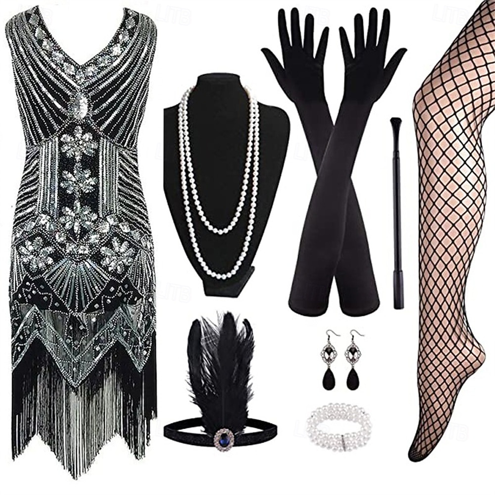Conjunto Rugido 20s 1920s Hasta la Rodilla Vestido Flapper Vestido Cóctel Disfraz de lujo con accesorios Sin Mangas El gran Gatsby Chica de la aleta Lentejuelas Borlas Escote en Pico Disfraz Mujer 2026 - $50.99 –P1