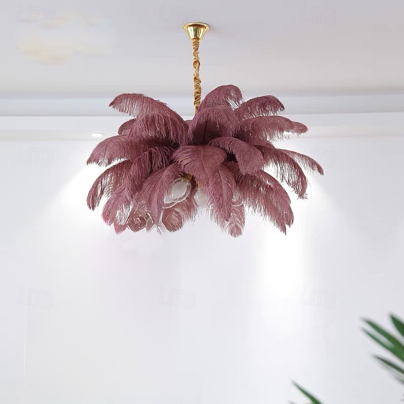 Lámpara colgante LED Lámpara de araña Precioso extra grande Ramo de plumas de avestruz de 80 cm Lámpara colgante de 5 luces Accesorio de iluminación montado romántico para restaurante Dormitorio 2026 - $749.99 –P10