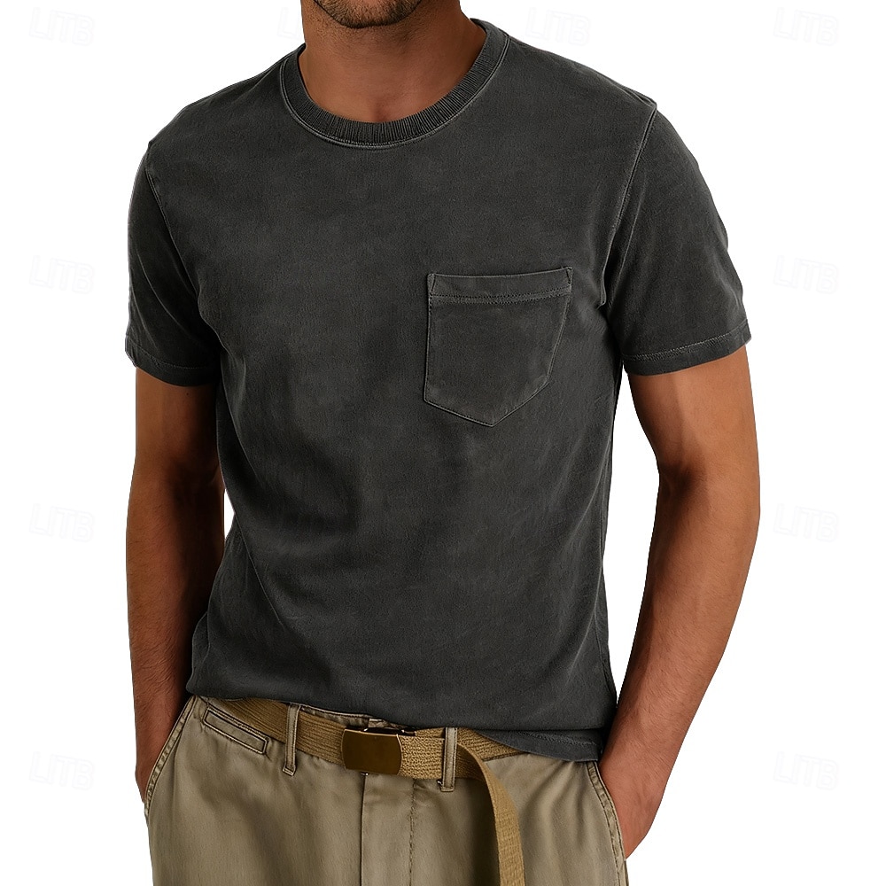 Herr T-shirt Tvätta skjorta i 100 % bomull Kortärmad Rund hals Sommar Vår Alla årstider Ensfärgat Elegant Vintage Neutral Ficka Crewneck Urblekt Ledigt Hem Utomhus Ljusblå Aprikos Svart Topp t-shirt 2026 - $20.99 –P5