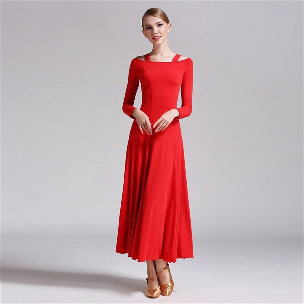 Elegant Green Ballroom Dance Dress with Long Sleeves and Off-Shoulder Design for Latin & Social Dancing 2026 - $70.99 –P7