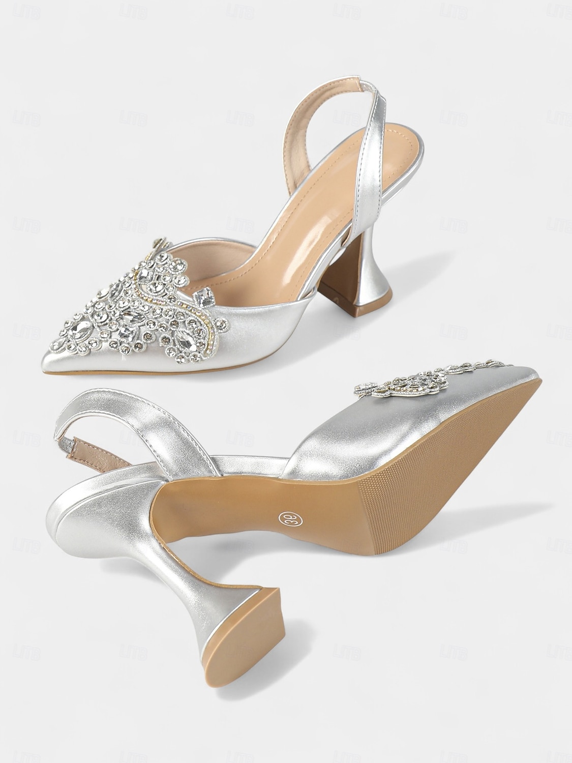 damskie złote zdobione szpilki typu slingback z kryształkami na koktajlowe przyjęcie &wydarzenia formalne 2026 - $46.99 –P5