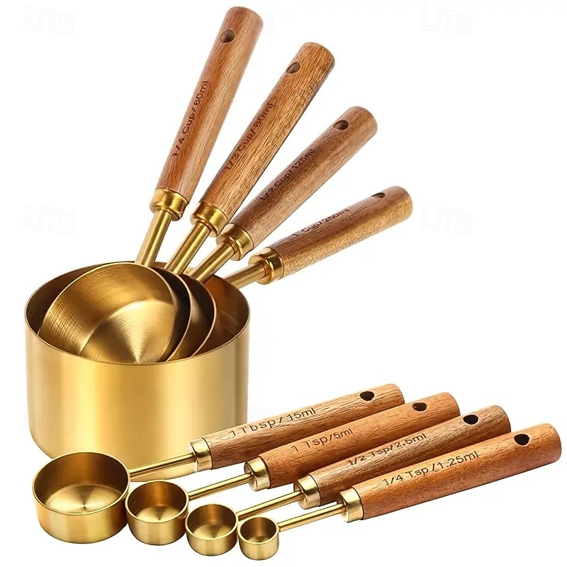 مجموعة من 8 قطع من أكواب القياس والملاعق - أكواب قياس من الفولاذ المقاوم للصدأ بمقبض خشبي، مجموعة ملاعق قياس معدنية، مجموعة قياس المطبخ للمطبخ/الطعام/الخبز 2026 - $45.99 –P2