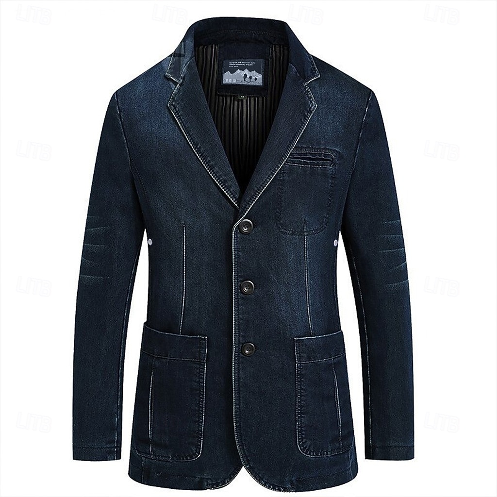 Men's Blazer Denim Jacket Jean Jacket Sport Jacket Sport Coat Going out Button Down Collar Casual Daily Jacket Outerwear Solid Color Light Blue Navy Blue / Cotton / Cotton 2025 - $60.99 –P2