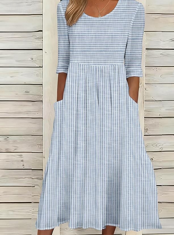 Femmes Robe Midi Robe Décontractée Robe trapèze Élégant Occasionnel Quotidien Vacances Coupe Ample Rayure Manche Courte Col ras du cou Gris Bleu clair Été Printemps de 2026 ? $12.99 –P1