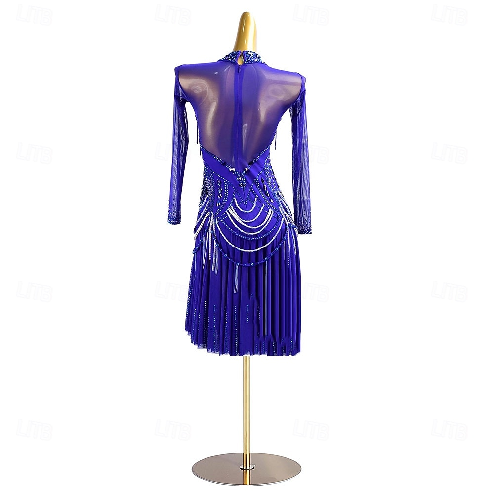 Robe de danse latine pour femme, bleu roi, strass, manches longues, franges, costume de performance pour compétition de samba, cha cha, rumba de 2025 ? $327.79 –P2