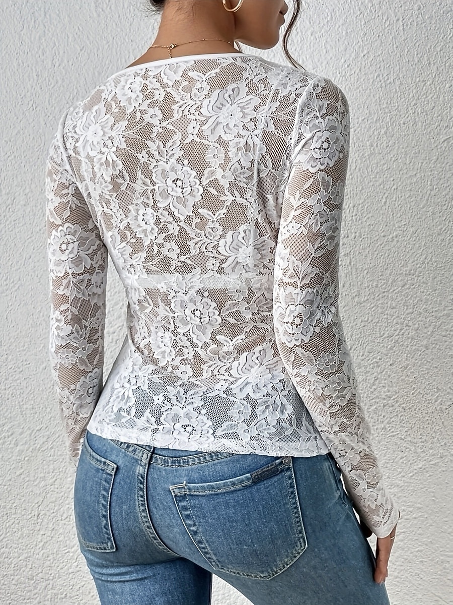 Women's Lace Shirt Blouse Lace Patchwork Solid Color Elegant Stylish Sexy Long Sleeve V Neck Regular Tops Daily Black White Wine Army Green Navy Blue Spring Fall Winter 2026 - $24.99 –P4