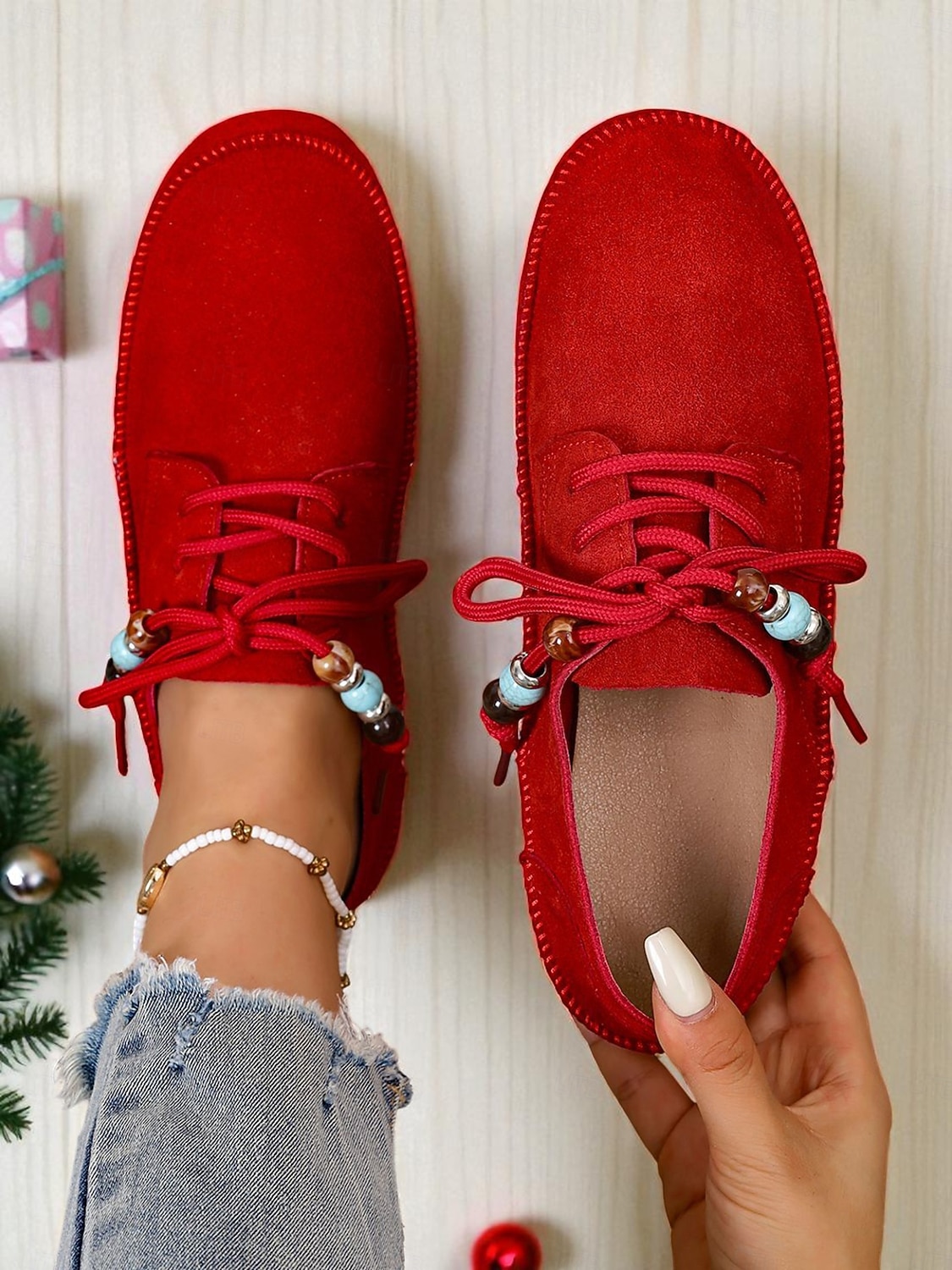 Rote Mokassin-Loafer für Damen mit Perlenschnürsenkeln – gemütliche Urlaubs-Slipper für Damen – ideal für Weihnachten, Winterkomfort und entspannte Tage 2026 - $24.99 –P3