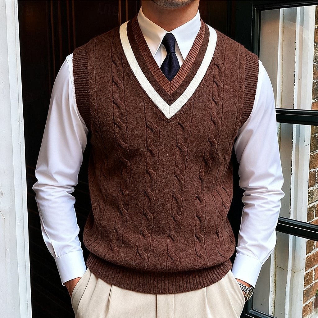 Miesten Neulepusero Neulottu villapaita Joustin Kaapeli Neuloa Tavalliset topit Kudottu Tavallinen V kaula-aukko Pidä Lämmin Moderni nykyaikainen Loma Katu Vaatetus Hihaton Syksy Talvi Beesi Kahvi M 2026 - $30.99 –P1