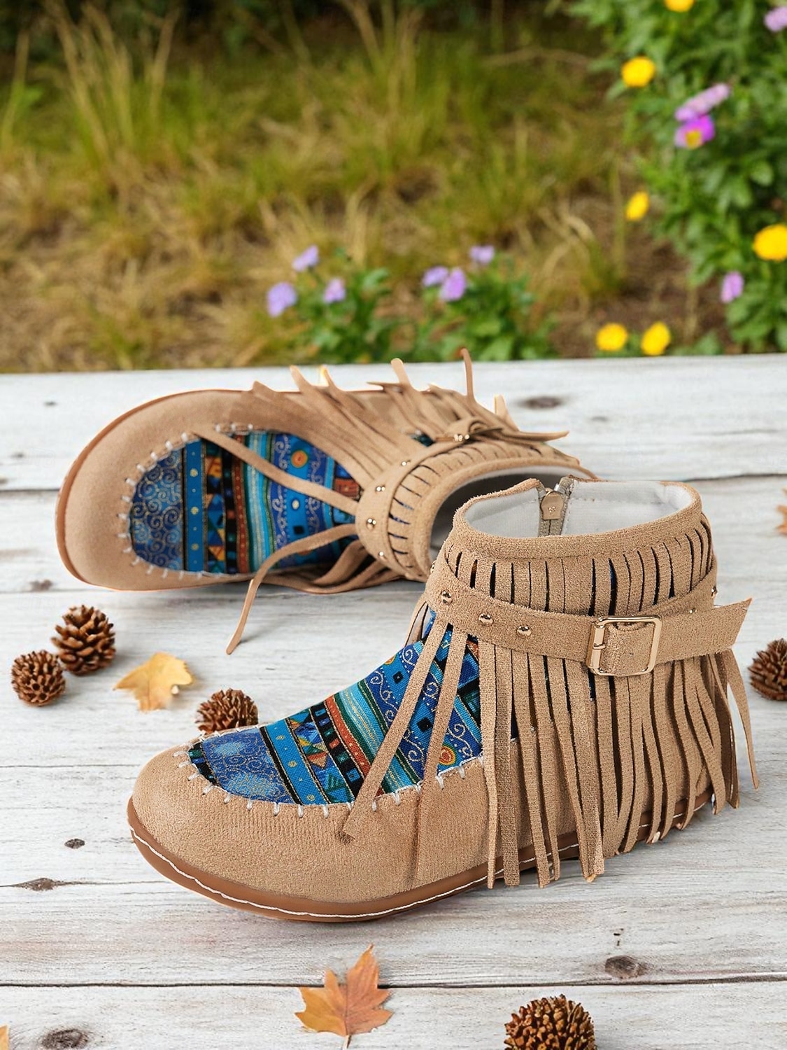dames mocassinlaarzen met franjes en kleurrijke etnische print, casual enkellaarsjes voor herfstoutfits en festivals &dagelijks gebruik 2025 - $32.99 –P3