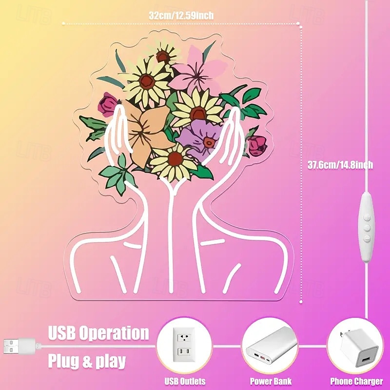 Beauty Flower UV Printing LED Neon Decorative Wall Light Indoor Bar Restaurant Bedroom Atmosphere Decorative Light Desktop Ornament Light USB Plug in Dimmable 37.6 * 32CM 2026 - $33.99 –P2