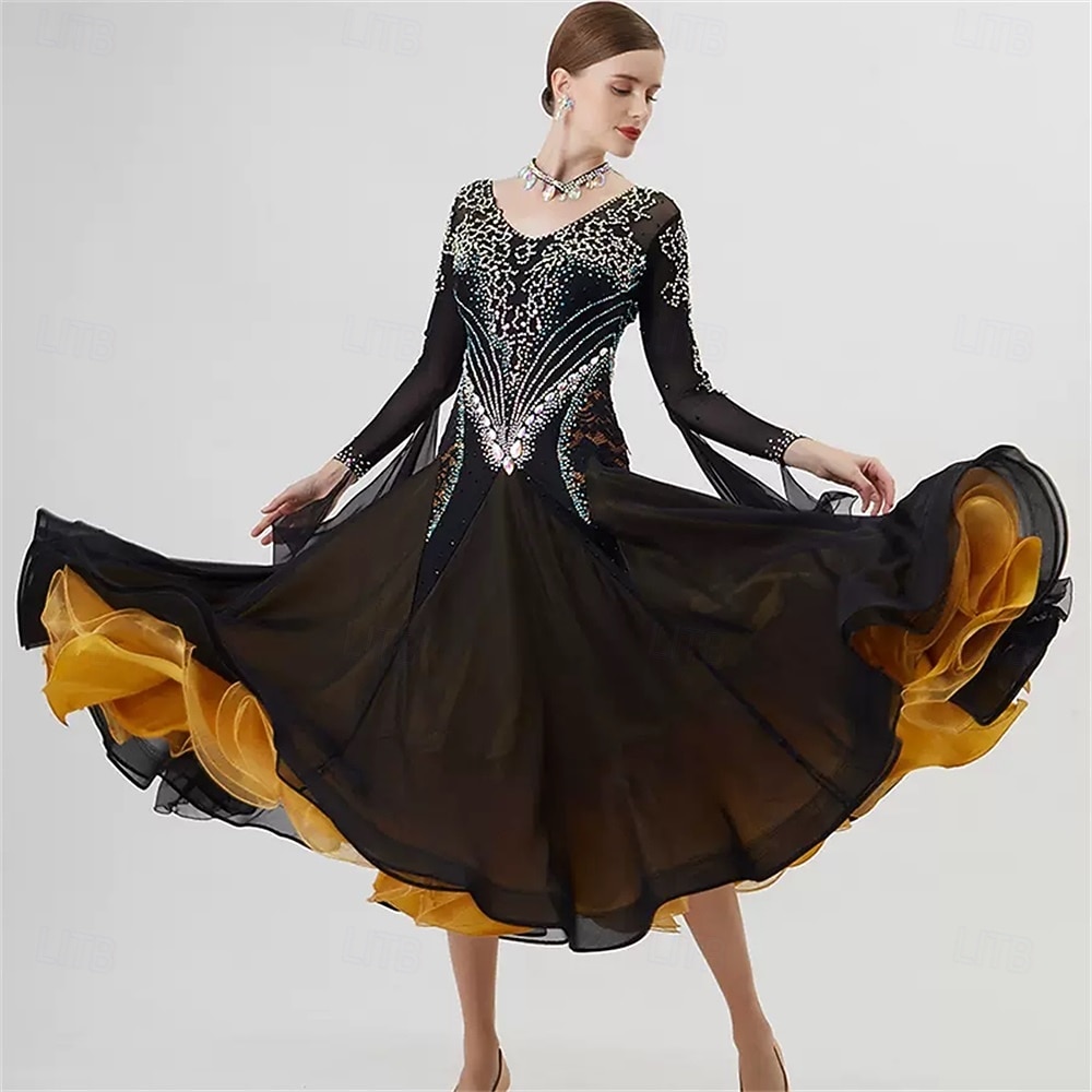 Women's Ballroom Dance Dress Rhinestone Mesh Long Sleeve Waltz Tango Competition Performance Gown with Layered Gold Hem – Black Gold 2025 - $590.89 –P1