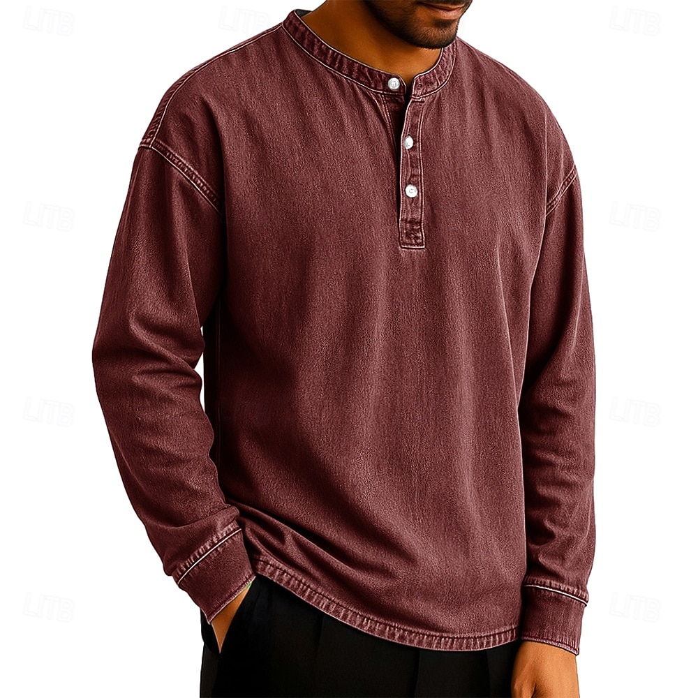 SoftFade™ Pánské tričko Henley T-shirt Tee dlouhý rukáv jednobarevné vintage retro ležérní styl obarvené vybledlé Henley ležérní jaro podzim černá šedá světle modrá Henley T-Shirt 2026 - $29.99 –P6