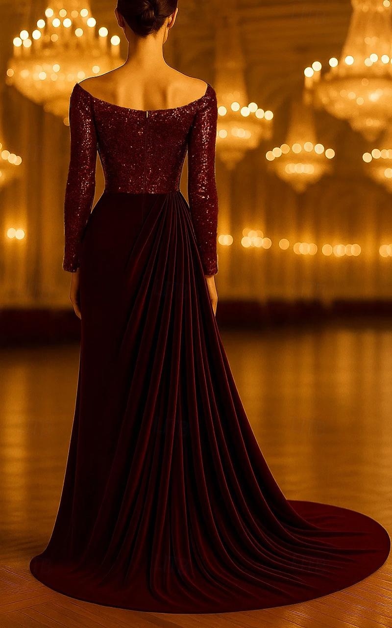 A-Line Sweep / Brush Train Evening Gown Ball Gown with Overskirt Formal Dress Elegant Glittering Celebrity Style Long Sleeve Off Shoulder Formal Wedding Sequined Velvet with Pleats Ruched 2025 - $154.99 –P2