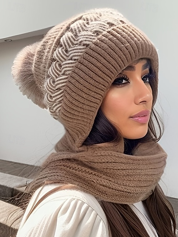 Dame vinterstrikklue-skjerfsett med pompong, fleecefôret 2-i-1-lue og halsvarmer, koselig og varmt utendørstilbehør for kaldt vær og julegaver 2026 - $11.99 –P2