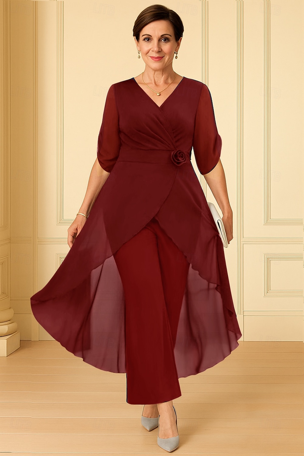 Mono Asimétrica Vestido de Madrina Media Manga Escote en Pico Elegante Sencillo Invitado a la boda Noche formal Gasa Tejido elástico con Flor Un Color 2026 - $160.99 –P2