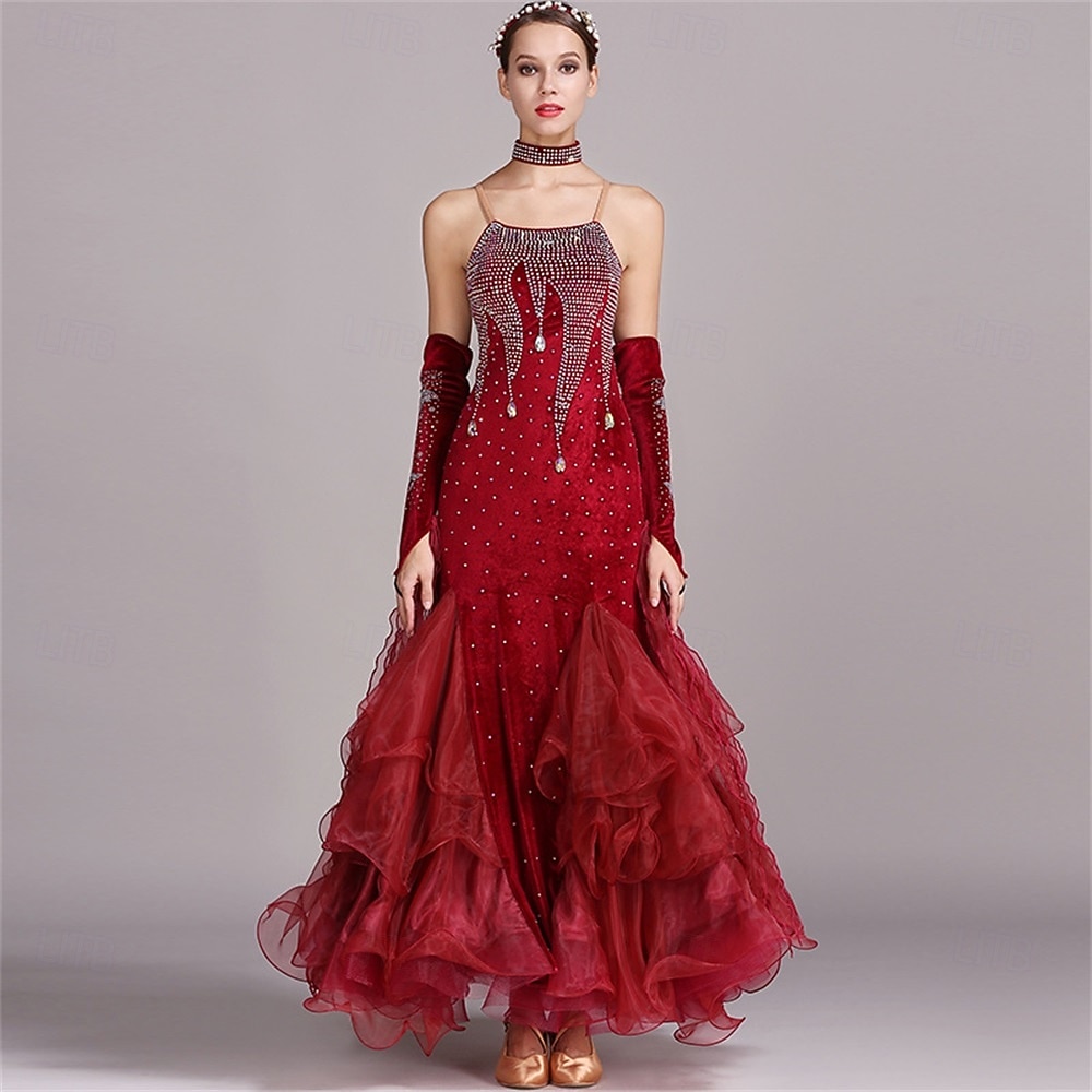 abito da ballo da sala da donna, verde smeraldo, in organza di velluto a rete con strass, a strati, per tango, valzer, foxtrot, competizione del 2026 a $225.69 –P7