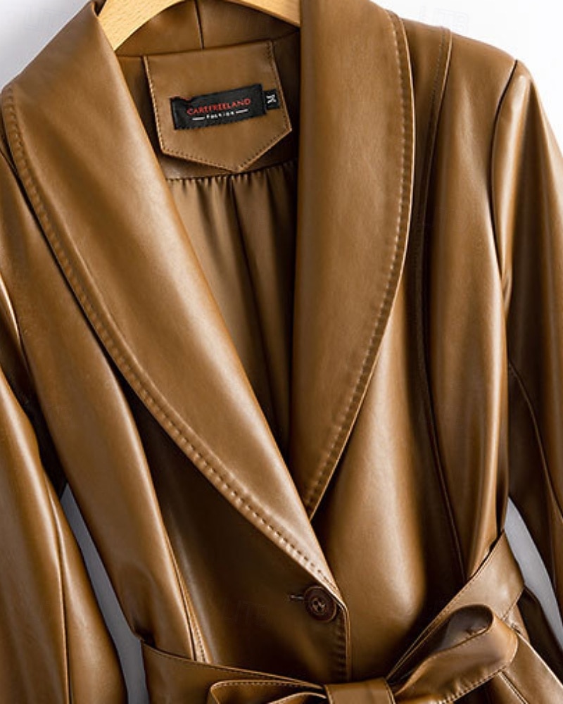 Dam Imitationsläderjacka Trenchcoat Håller värmen Bekväm knyt fram Ficka Knappar Mode Slät Semester Gata Utekväll Helgen Lång Nedvikt Normal Långärmad Ytterkläder Svart Vin Rubinrött Höst Vinter 2025 - $109.99 –P11