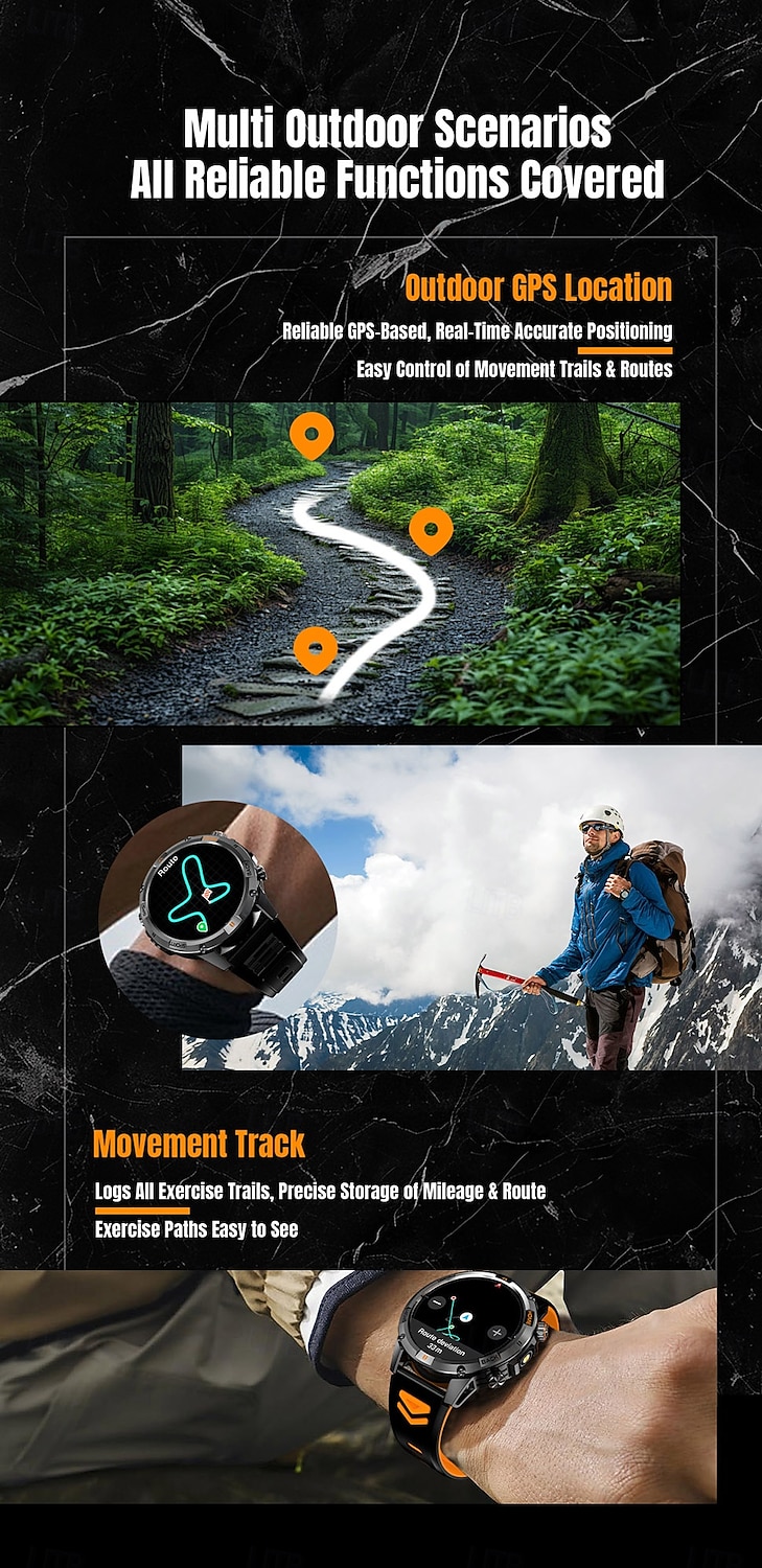 ساعة ذكية 2025 بنظام تحديد المواقع العالمي (GPS) بشاشة 1.46 بوصة مزودة ببوصلة ومصباح يدوي وبلوتوث ومكالمات وبطارية 580 مللي أمبير في الساعة ومقاومة للماء وتتبع اللياقة البدنية وساعة رياضية ذكية 2025 - $51.99 –P5