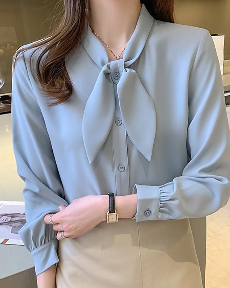 Damen Hemd Elegant Satin-Top Bluse Schleife Einfach Stilvoll Langarm Rundhalsausschnitt Normale Oberteile Ferien Ausgehen Blau Weiß Frühling Herbst 2026 - AU $50.19 –P5