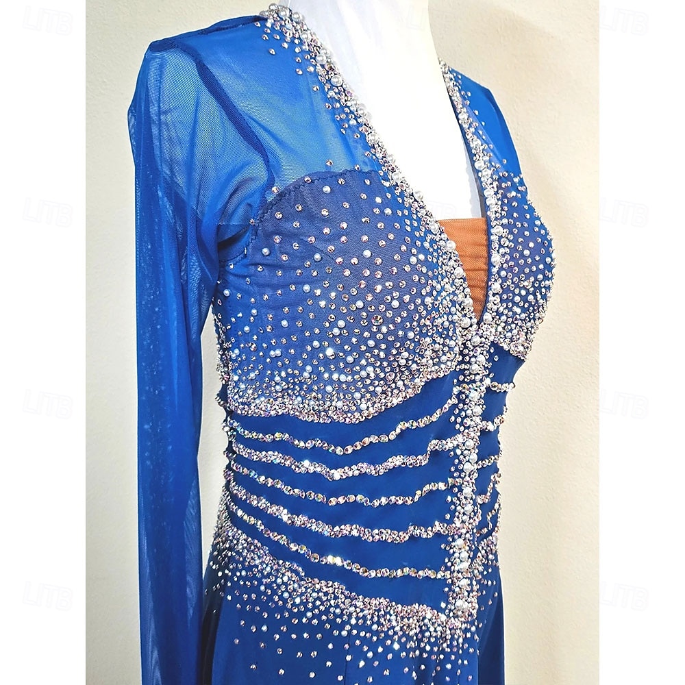 Women's Ballroom Dance Dress Royal Blue Crystal Rhinestone Long Sleeve Waltz Foxtrot Quickstep Competition Performance Gown 2026 - $375.79 –P7