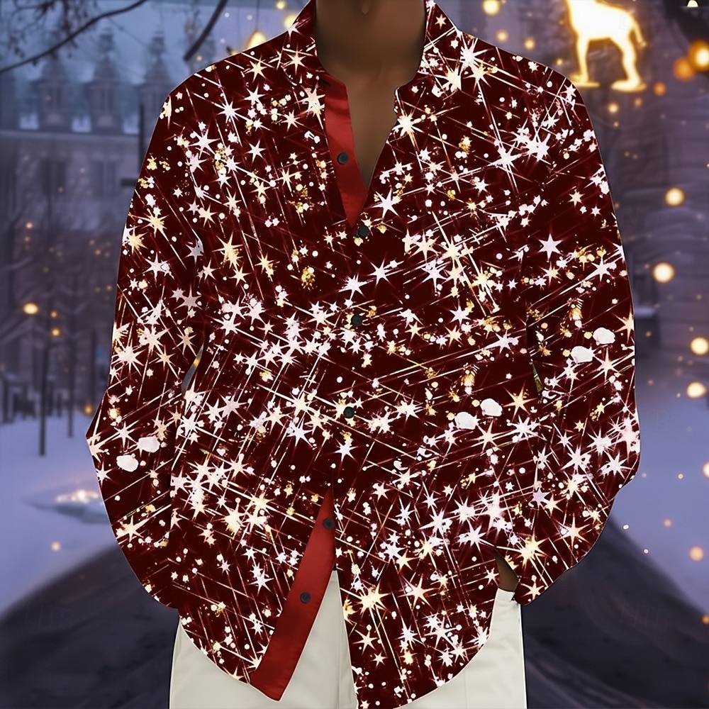 Weihnachten Herren glückliches neues Jahr Weihnachtslicht Hemd Knopfhemd Langarm Modisch lässig Outdoor Ferien Frühling Herbst Umlegekragen 3D-Druck Hemden mit Kragen Rote Purpur Gold 2025 - $26.99 –P2