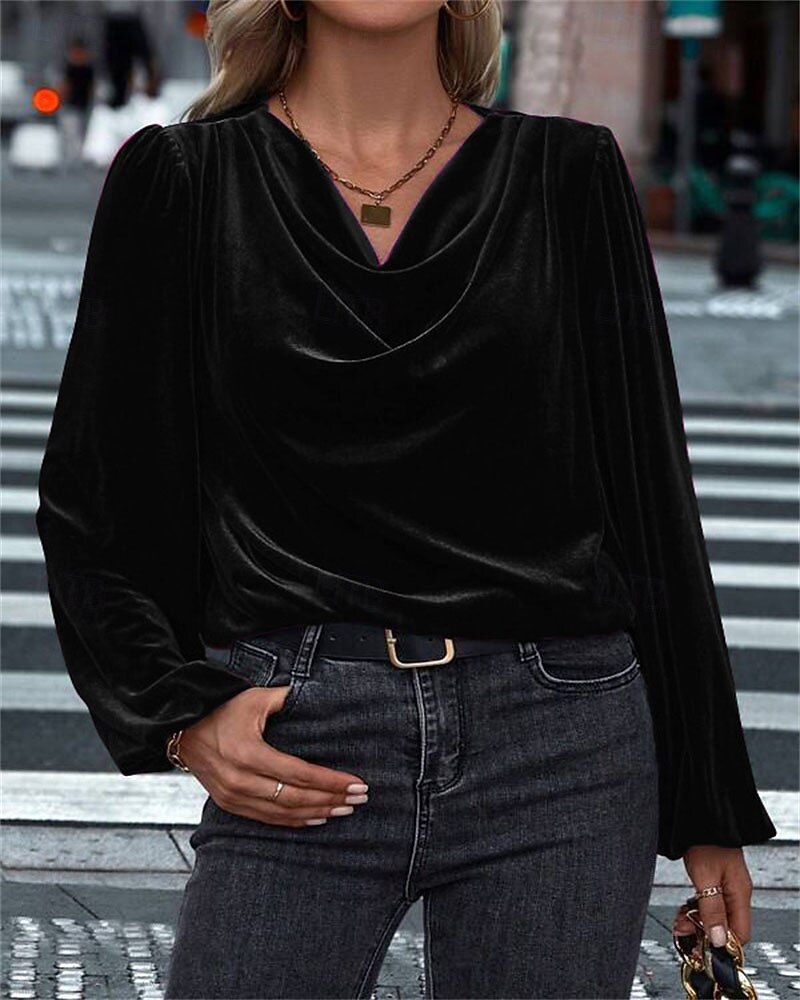 Femmes Velours Elegant Habillé Chemisier Couleur Unie Uni Élégant Dames Classique manche longue Col Halter Hauts Réguliers Travail Quotidien Fête Froncé Drapé Noir Vin Bleu Roi Violet Vert Automne de 2025 ? $23.99 –P3