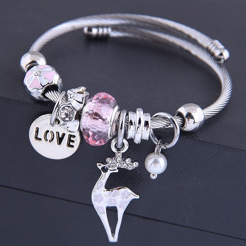 pulseira de prata charmosa com pingente de amor e pingente de rena, pulseira ajustável de contas de cristal para mulheres de 2026 por $11.99 –P2