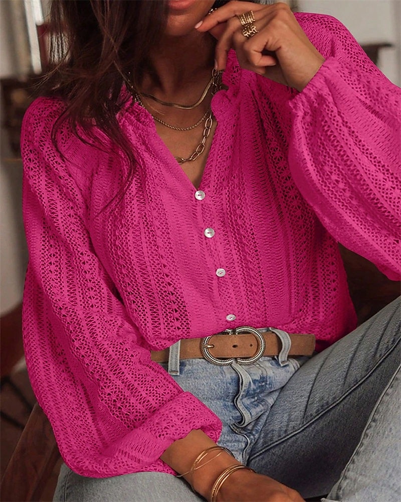 Dam Skjorta Dressiga toppar Ihålig Knappar Slät Elegant damer Stylish Långärmad V-hals Vanliga toppar Dagligen Arbete Helgdag Vit Rodnande Rosa Rubinrött Aprikos Vår Höst 2026 - $35.99 –P10