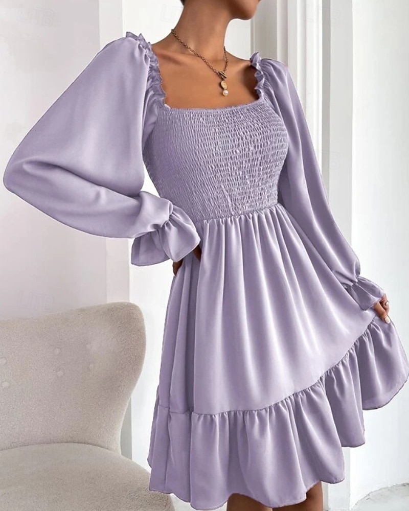 Damen Minikleid Schößchen Kleider Gerafftes Kleid Modern Outdoor Ferien Ausgehen Normale Passform Einfach Langarm Quadrathals Schwarz Wein Armeegrün Leicht Braun Frühling Herbst 2025 - $24.99 –P17