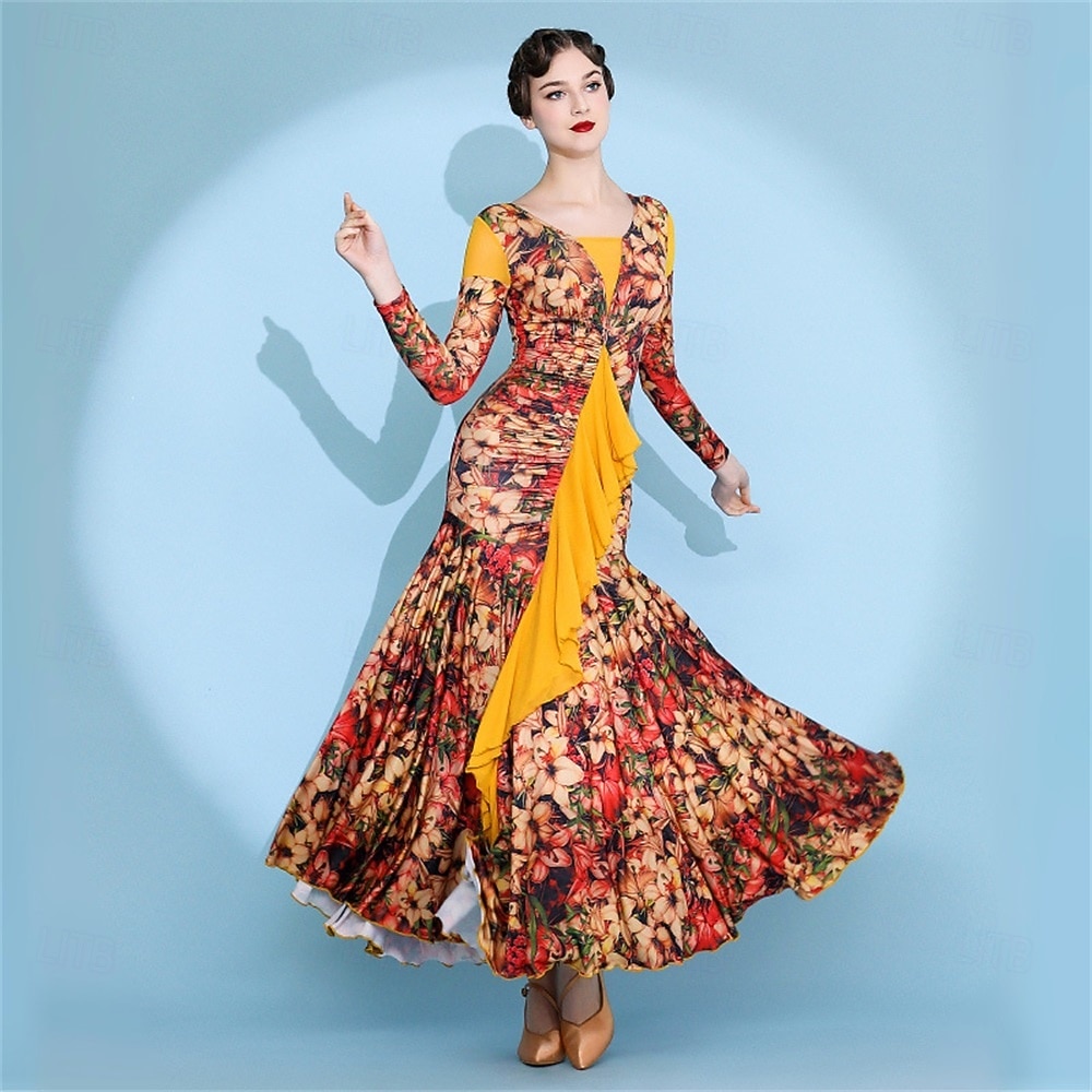 abito da ballo da sala con stampa floreale per donna - abito a trapezio con maniche lunghe e accenti gialli per competizioni, latino americani ed eventi di danza - rosso&amp;floreale del 2026 a $127.99 –P5