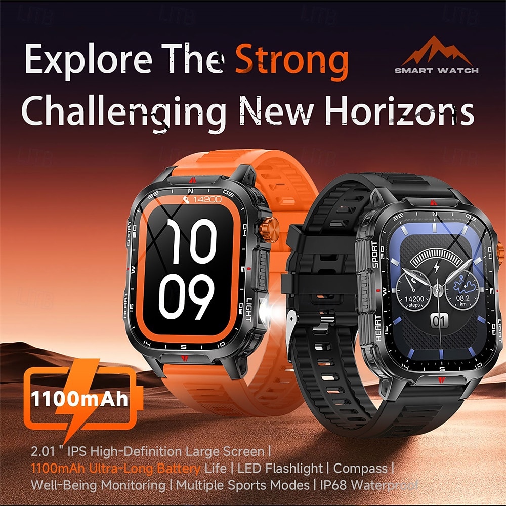 Nowy globalny smartwatch 2,01 cala, 1100 mAh, duża bateria, kompas LED, męski zegarek sportowy do użytku na świeżym powietrzu, asystent głosowy, połączenia bezprzewodowe 2025 - $37.99 –P1
