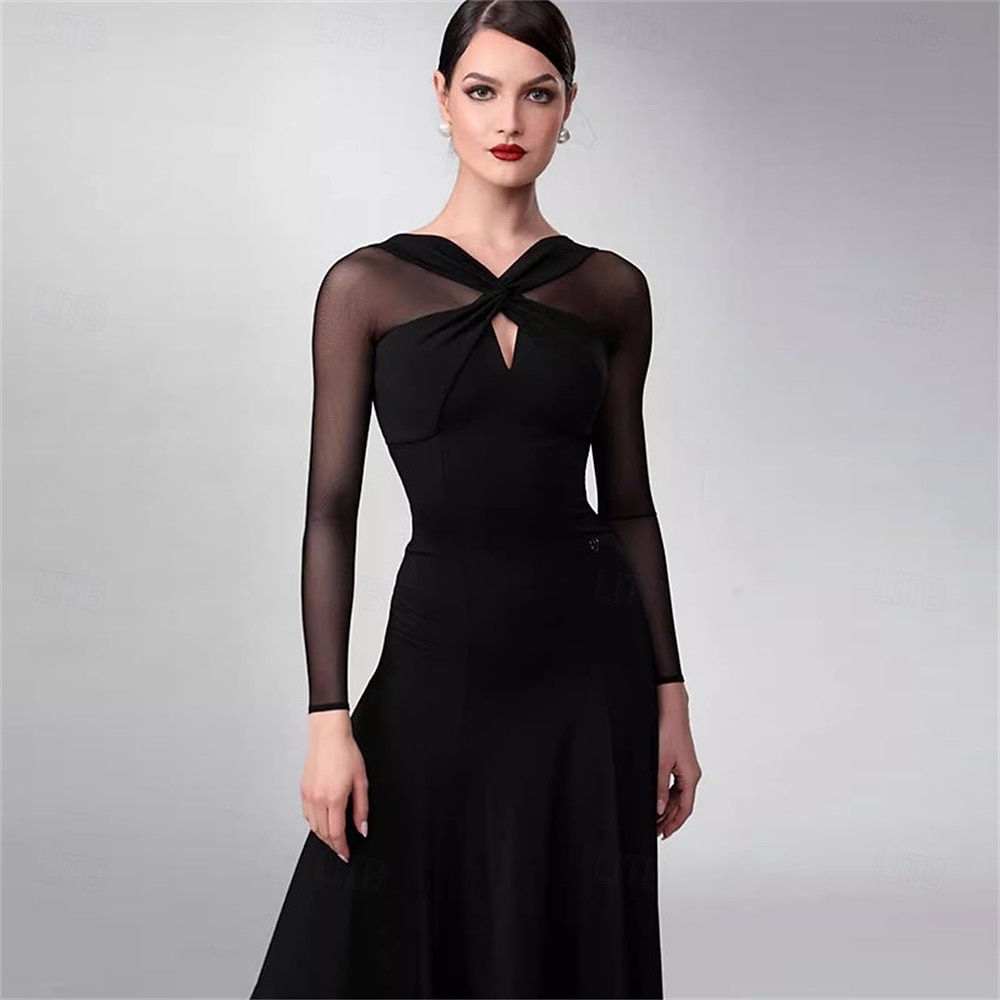 abito da ballo da sala da donna blu navy elegante a maniche lunghe in rete con scollo incrociato, abito da competizione per valzer, foxtrot e tango del 2026 a $337.89 –P13