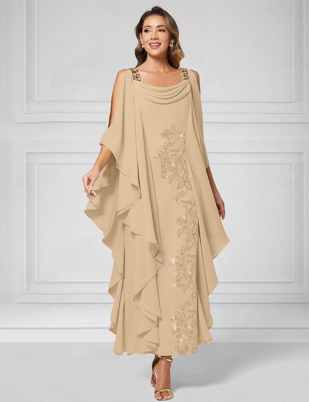 Schlauchkleid Knöchellänge Partykleid Cocktailkleid Kleid für Hochzeitsgäste Brautmutterkleid Halbarm U-Boot-Ausschnitt Elegant luxuriös Glanz & Glamour Hochzeitsgast Chiffon mit Perlenstickerei 2026 - $195.99 –P7