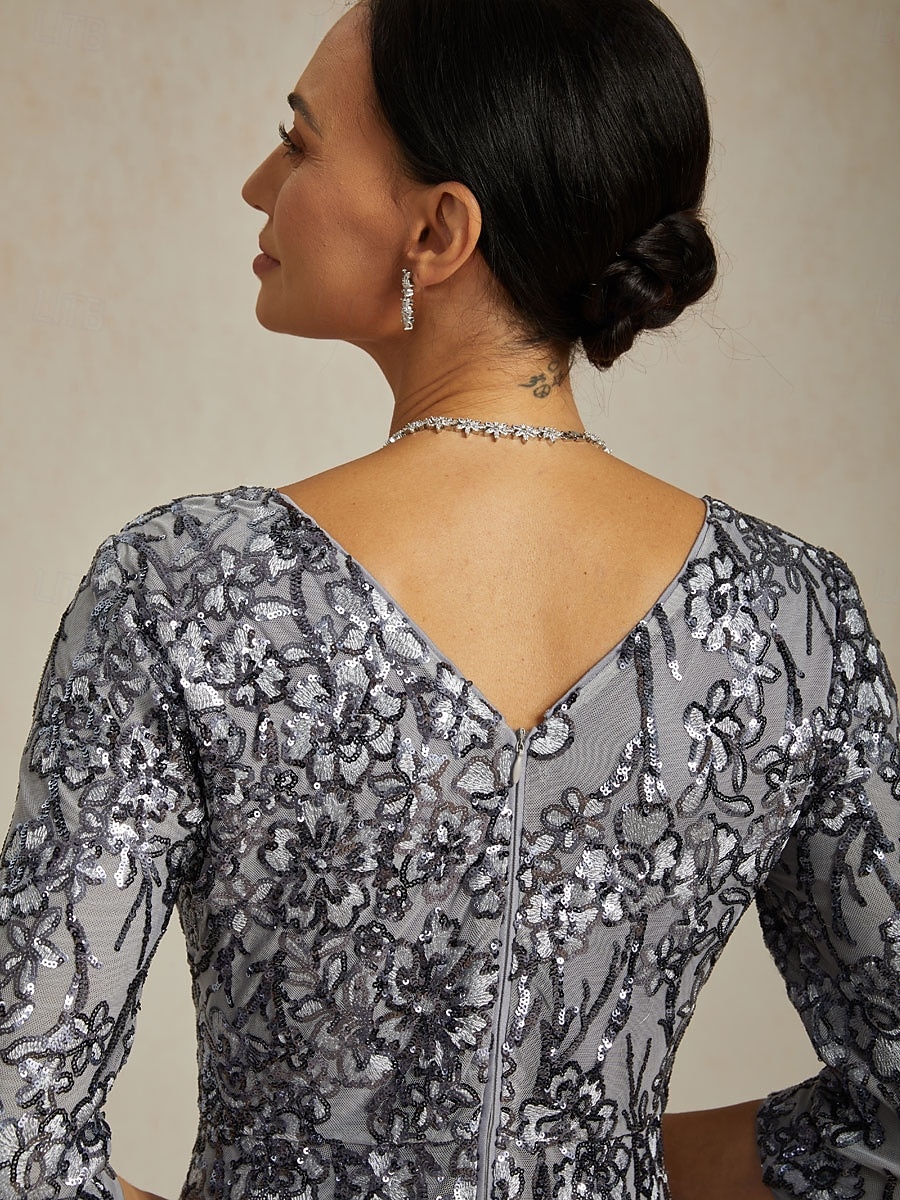 2026年 女性用 マキシドレス シースドレス エレガント フォーマル セミフォーマルドレス パーティー スパンコール レース 刺繍 レギュラー 純色 七分袖 Ｖネック グレー  コレクション – $239.79 –P3