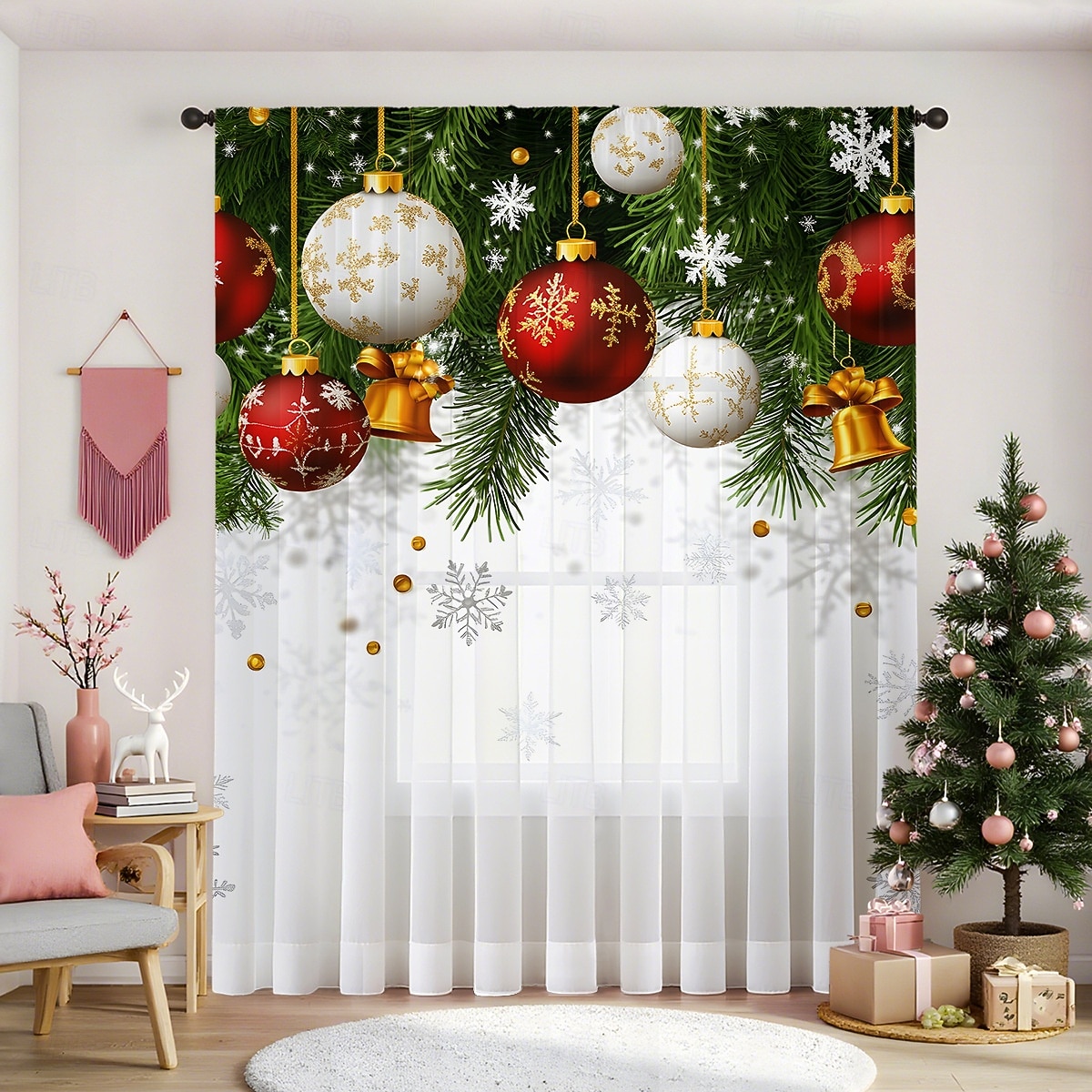 Рождественские прозрачные шторы серии 2025, 3D цифровая печать, оконные шторы для гостиной, спальни, праздничное украшение, декор для дома, элегантные праздничные шторные панели 2025 - $12.99 –P12