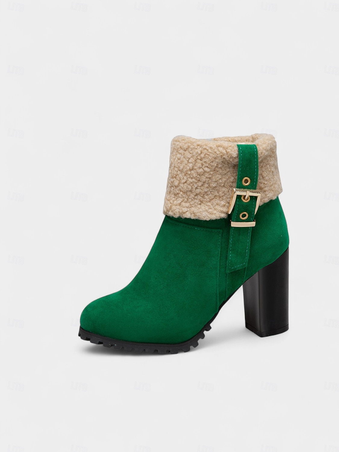 حذاء نسائي بكعب من الجلد المدبوغ باللون الأخضر مع أطراف من الفرو الصناعي، كعب سميك عصري، مثالي لقضاء العطلات الشتوية وحفلات الكريسماس والمناسبات الاحتفالية 2026 - $54.99 –P5