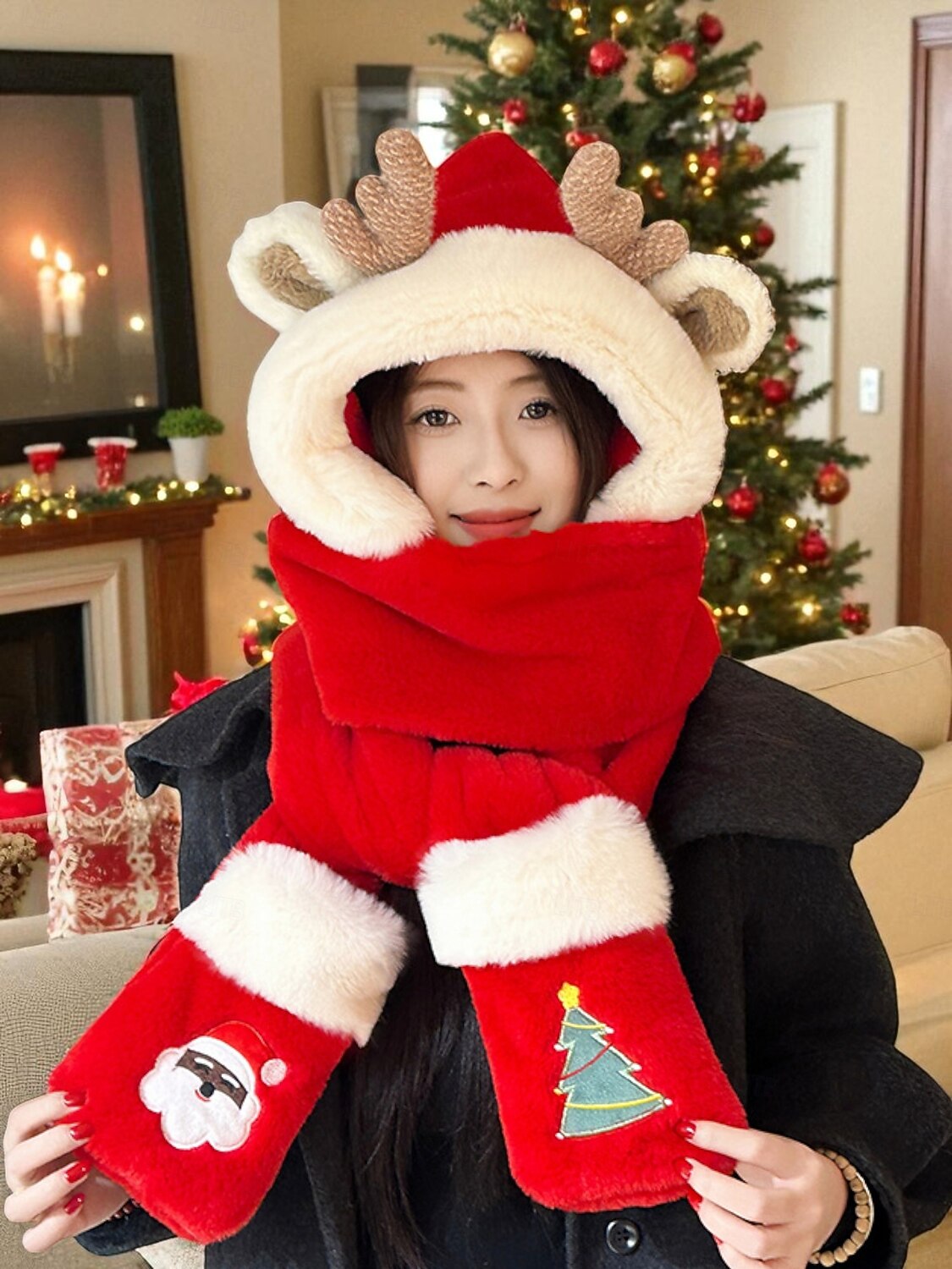 Dámská vánoční sada šály a rukavic, kapuce s výšivkou Santy a stromečku, teplý zimní sváteční doplněk 2026 - $19.99 –P2