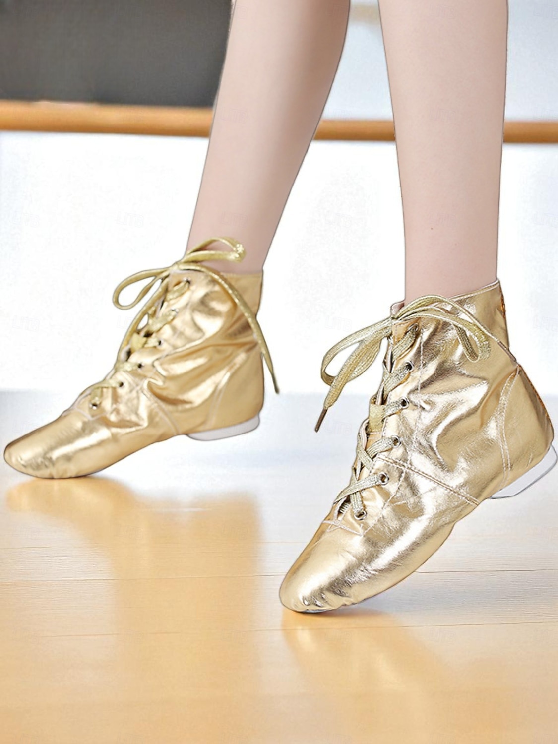 Gouden veterjazzdansschoenen voor dames, professionele leren enkellaarsjes met zachte zool voor podiumoptredens & oefening 2026 - $24.99 –P6