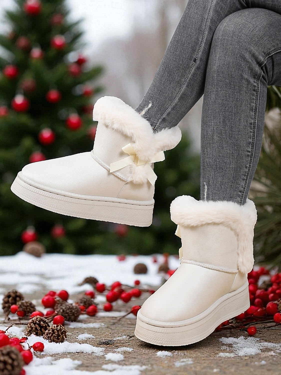 Women's White Fur-Trimmed Slip-On Winter Boots with Bow Detail, Stylish Cozy Snow Boots for Cold Weather and Holiday Wear 2025 - $29.99 –P1