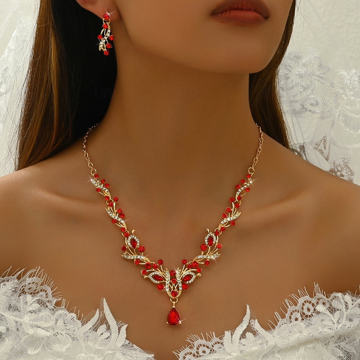 damski komplet biżuterii z czerwonymi kryształkami, elegancki naszyjnik i kolczyki z kryształkami ze złotymi zdobieniami, idealny na imprezy i wesela &wieczorne wydarzenia 2026 - $14.99 –P7