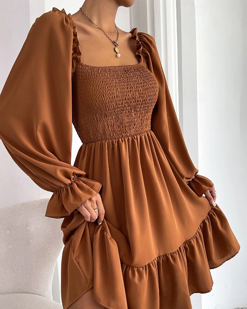 Damen Minikleid Schößchen Kleider Gerafftes Kleid Modern Outdoor Ferien Ausgehen Normale Passform Einfach Langarm Quadrathals Schwarz Wein Armeegrün Leicht Braun Frühling Herbst 2025 - $24.99 –P14
