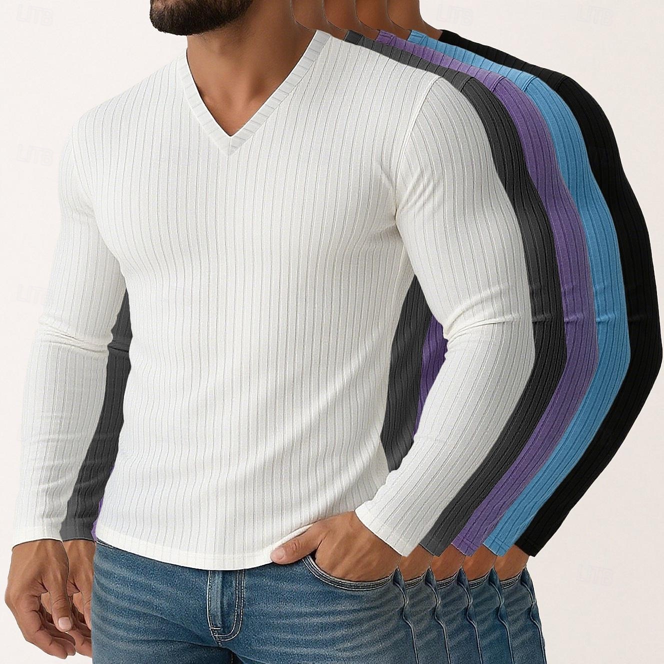 Miesten T-paita Ribbineulos T-paita Pitkähihainen paita Pitkähihainen V kaula-aukko Kevät Syksy Talvi Tavallinen Pystysuuntaiset nauhat Pit Strip Muoti Suunnittelija Perus 5-osainen Monipakkaus Loma 2025 - $75.99 –P1
