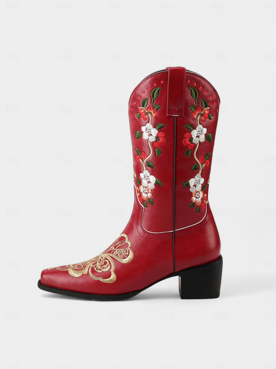Botas vaqueras bordadas de piel sintética roja para mujer con diseño floral, tacón de bloque, estilo retro western, perfectas para festivales, salidas informales y Navidad. 2026 - $84.99 –P2