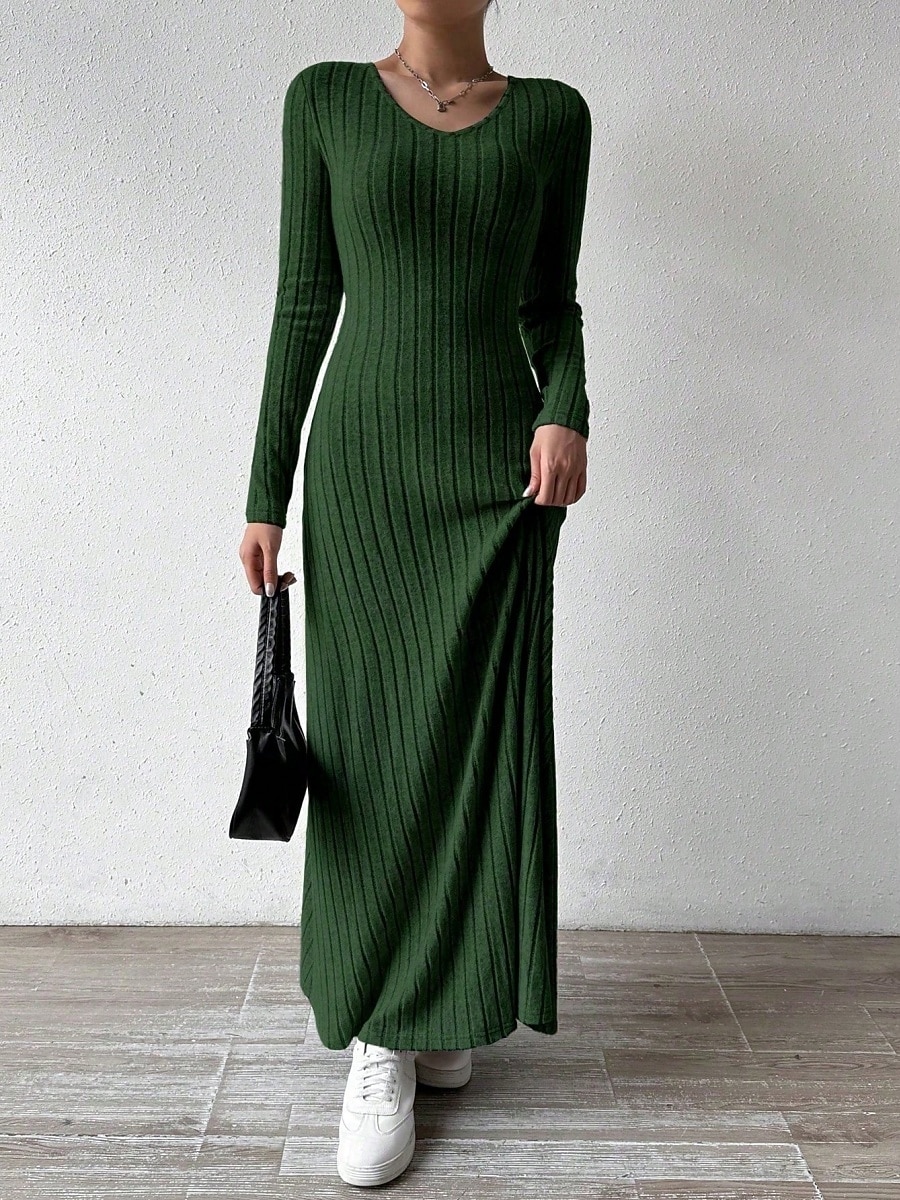 Dámské Svetrové šaty Elegantní Na běžné nošení Měkké Čistá barva Rýhovaný Do V Pletený Dlouhý rukáv Běžné topy Plést Venkovní Denní Víkend Černá Trávová zelená Podzim Zima 2026 - $24.99 –P4