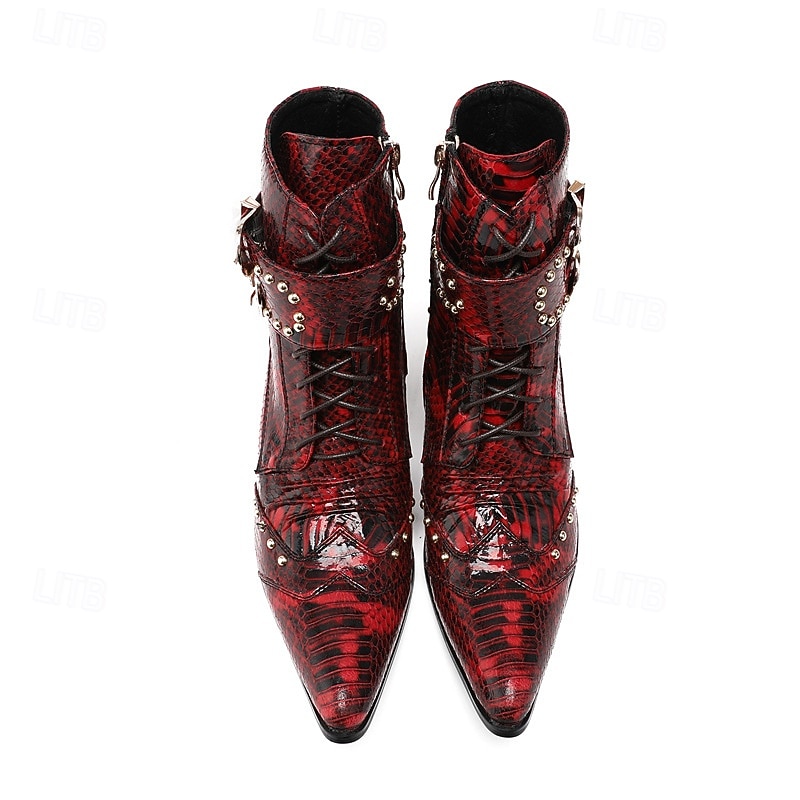Miesten punaiset käärmekuvioiset nahkaiset nilkkurit, joissa on kaksinkertaiset solkiremmit ja niittiyksityiskohdat, 100% naudannahasta valmistetut länsimaiset saappaat konsertteihin ja esityksiin 2025 - $159.99 –P7