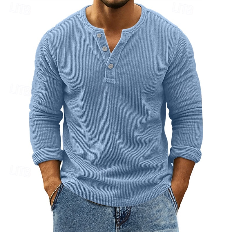 Herren T Shirt Cordhemd Henley Hemd T-Shirt Langarm Henley Frühling Herbst Einfach Mode Designer Basic Knöpfe Urlaub Straße Ausgehen Wein Top T-Shirt für Herren 2026 - $31.99 –P2