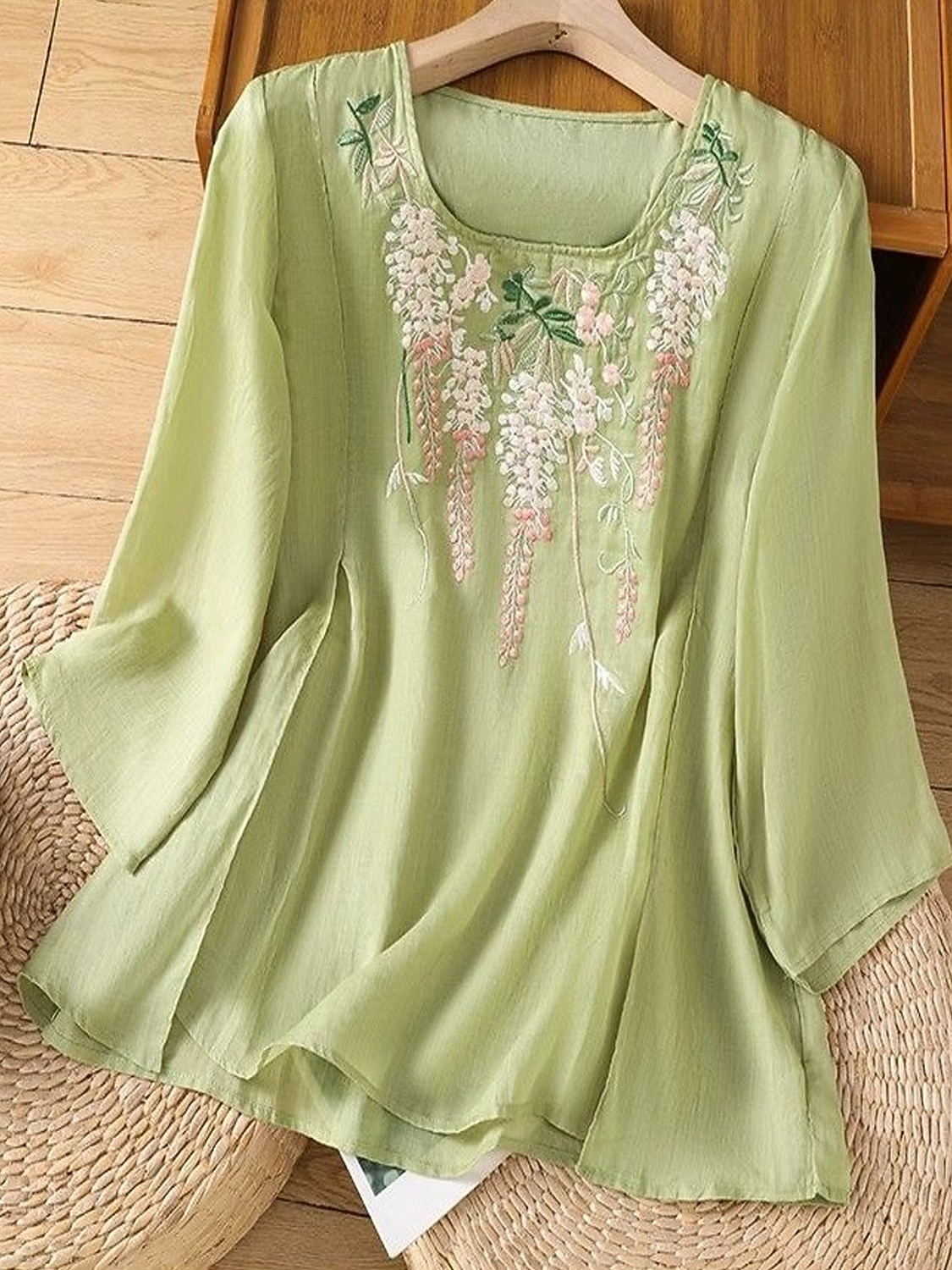 Mujer Tallas pequeñas Camisa Bordado Plano Bohemia Estilo lindo Elegante Media Manga Manga Farol Escote Redondo Tops regulares Diario Noche Fin de semana Blanco Verde Claro Rosa Verano 2026 - $22.99 –P9